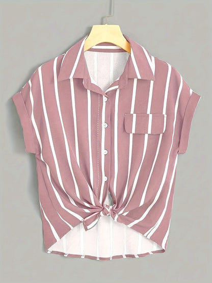 Damen Kurzarm Bluse mit Streifen und Knotenfront – Eleganter Sommer-Look
