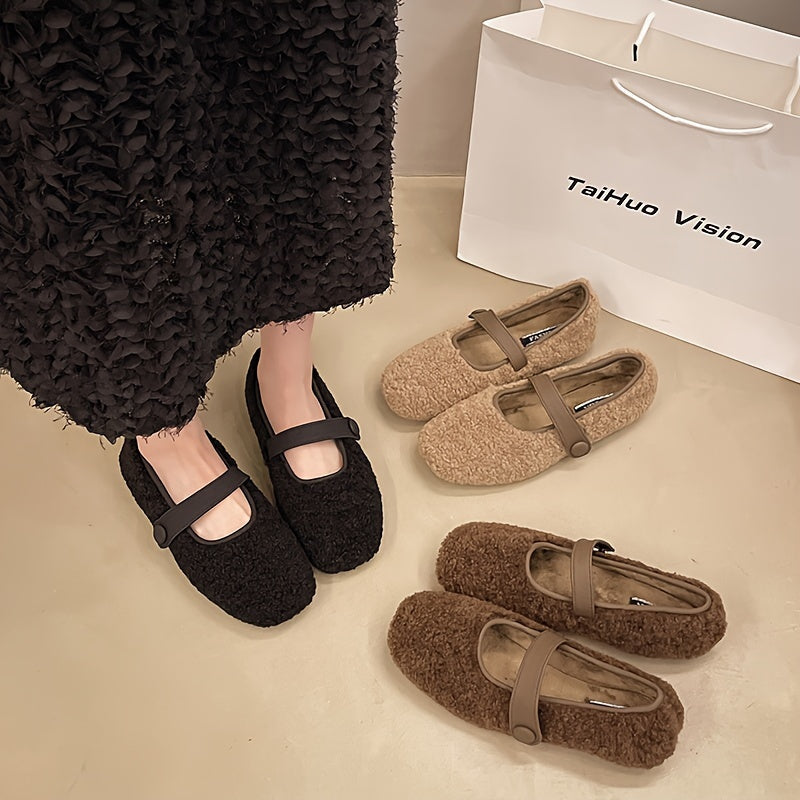 Damen Mary Jane Ballerinas Plüsch-Look mit Riemen und Knopfverschluss