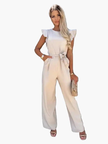 Dam jumpsuit Elegant business casual med volangärmar och knytbälte – Perfekt för kontor & speciella tillfällen