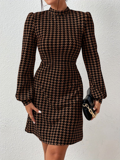 Damen Houndstooth Minikleid Braun Schwarz Stehkragen Langarm
