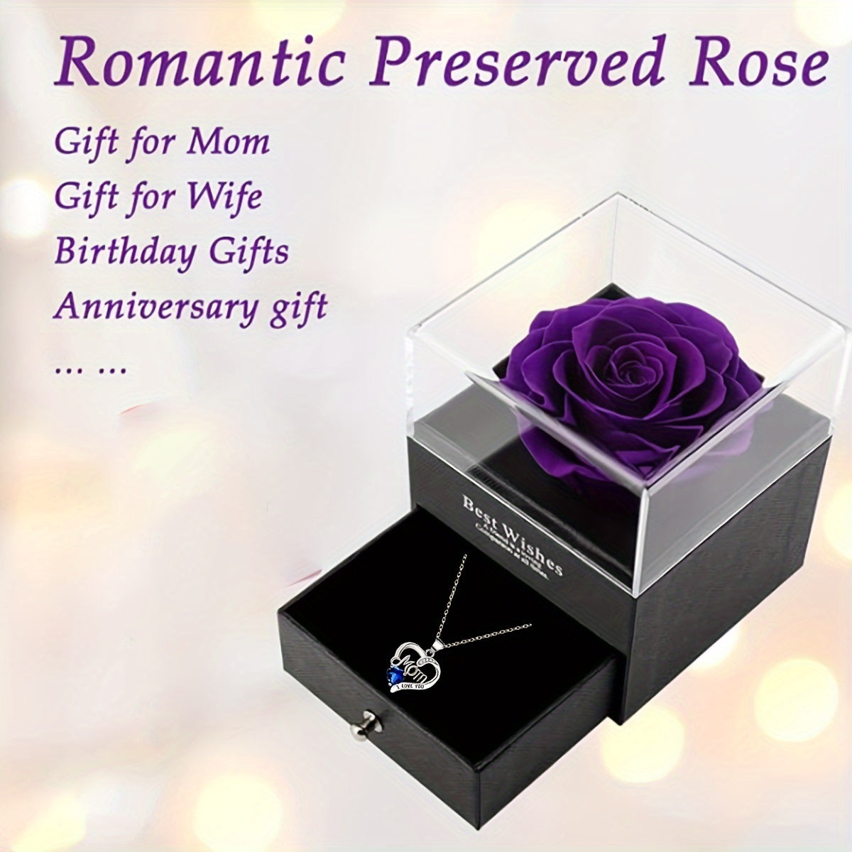 Damen Schmuckset Herz Halskette mit Anhänger 'Mom I Love You' und Geschenkbox mit Ewiger Rose – Elegantes Muttertagsgeschenk