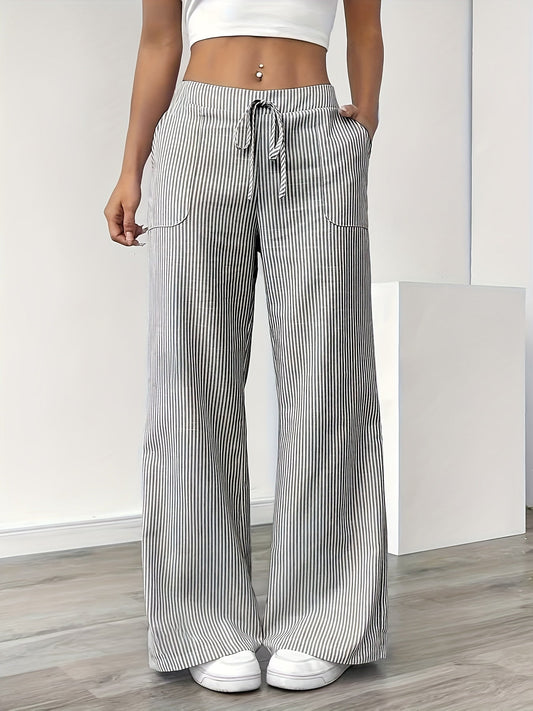 Dames wijde gestreepte broek met trekkoord – Casual vrijetijdsbloes voor lente en zomer