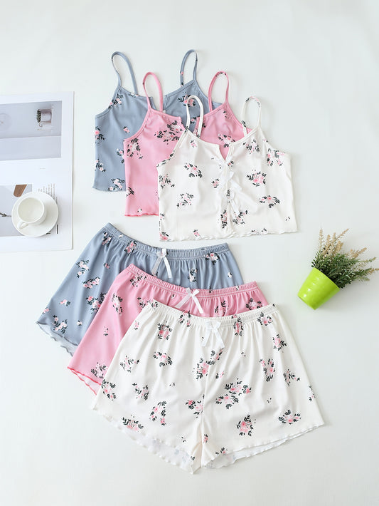 Set pigiama donna con motivo floreale – Set pigiama estivo 3 pezzi, corto, stile sexy
