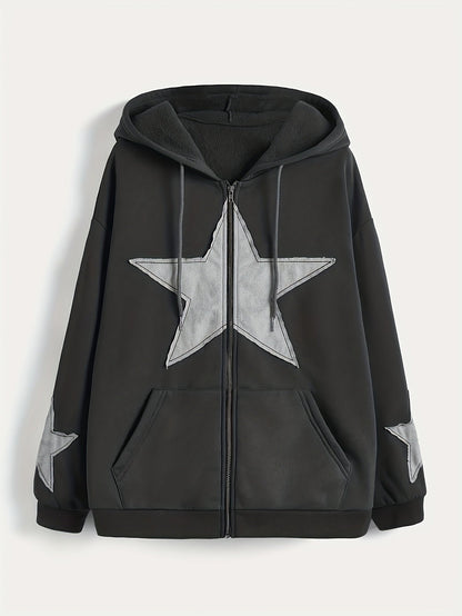Kapuzenjacke mit Reißverschluss und Sternapplikationen – Lässiger Unisex Hoodie