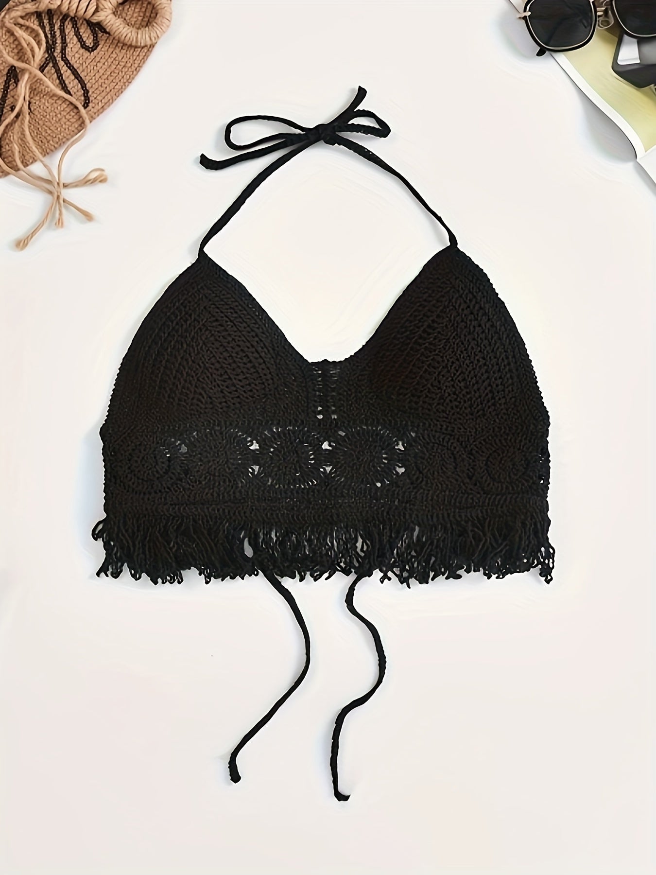 Damski boho szydełkowany top na ramiączkach – braletka festiwalowa i plażowa w stylu vintage