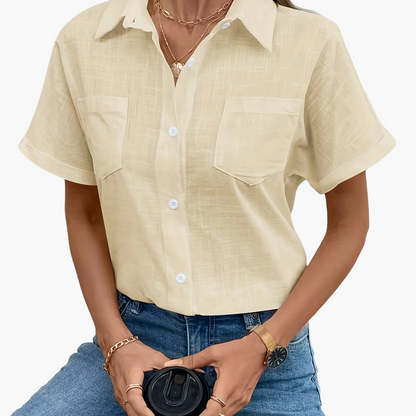 Damen Kurzarm Bluse mit Vogelmotiv – Casual Sommer Hemd mit Brusttasche