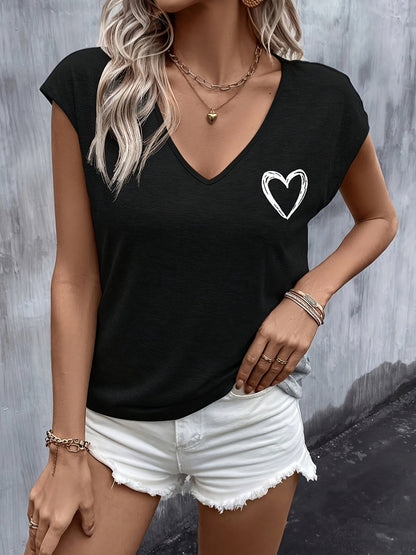 Damen T-Shirt mit Herzprint und V-Ausschnitt – Lässiges Sommer-Top für Freizeit und Alltag