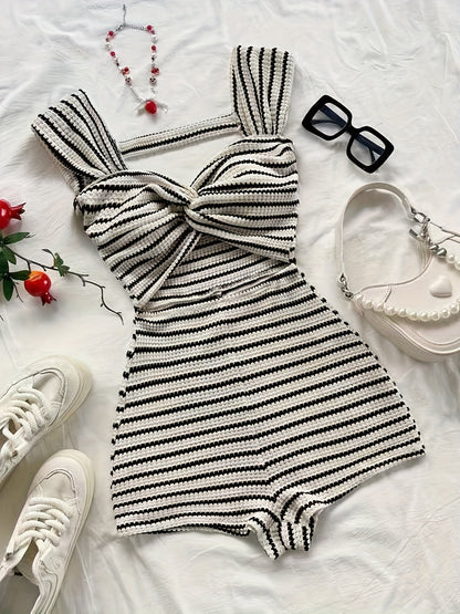 Mono de punto para mujer con patrón de rayas y frente retorcido – Elegante prenda de verano para tiempo libre y vacaciones