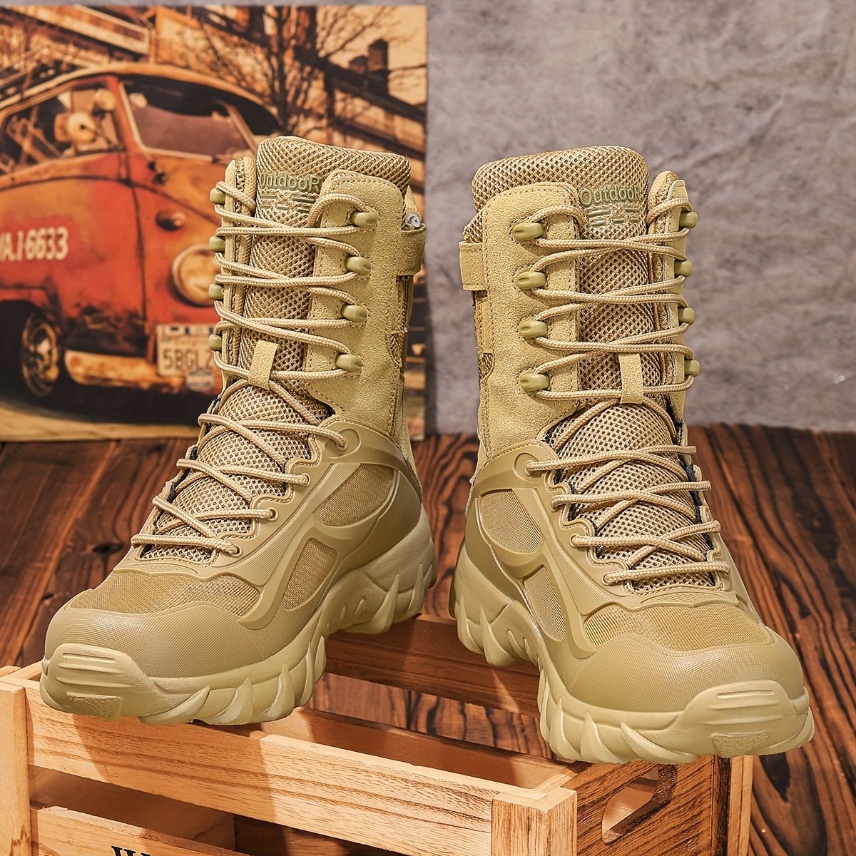 Stivali tattici da uomo, scarponcini stringati robusti, beige, da outdoor militare