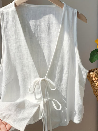 Gilet sans manches pour femme avec détail nœud et encolure en V – couche d'été à la mode pour les loisirs et les vacances