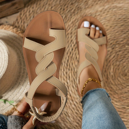 Sandalias de verano para mujer con tiras onduladas y decoración de estrellas – Sandalias planas para vacaciones, ocio y playa