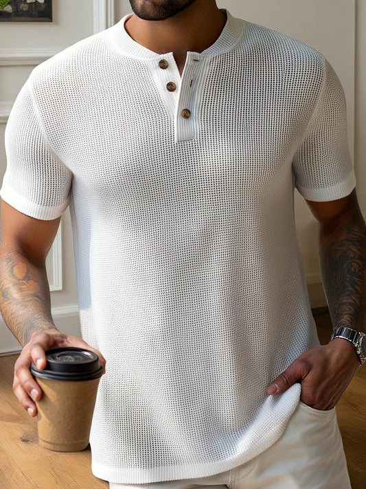 Camiseta Henley de manga corta para hombre con patrón estructurado para looks casuales con estilo