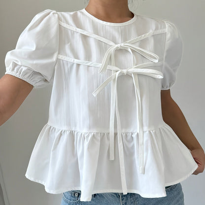 Blusa da donna con peplo, maniche a sbuffo e fiocchi – Look vintage romantico per tempo libero e uso quotidiano