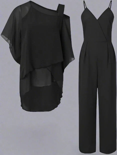 Damen Elegantes Zweiteiler Set mit Asymmetrischem Oberteil – Modischer Hosenanzug für Büro, Alltag & Feste