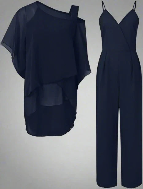Damen Elegantes Zweiteiler Set mit Asymmetrischem Oberteil – Modischer Hosenanzug für Büro, Alltag & Feste