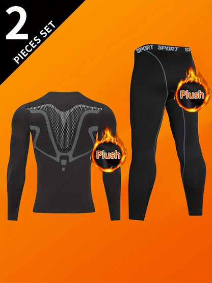 Herren Thermounterwäsche Set Schwarz Langarm Kompressionsshirt & Hose