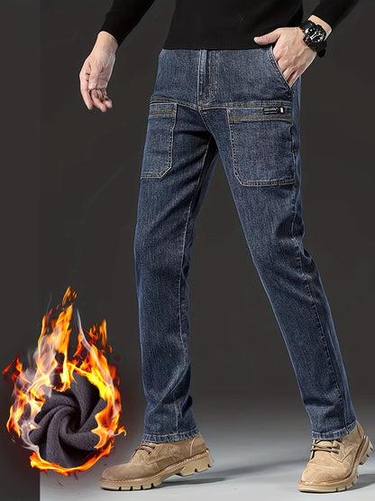 Jeans invernali da uomo, pantaloni foderati, neri o blu, vestibilità dritta