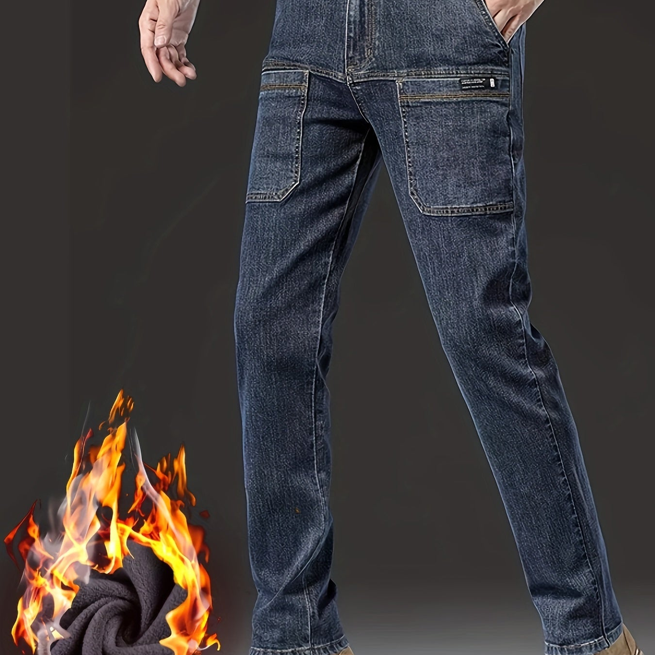 Jeans invernali da uomo, pantaloni foderati, neri o blu, vestibilità dritta