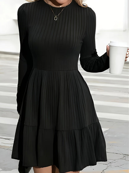 Damen Minikleid Rippstrick Schwarz Langarm Geraffter Rock