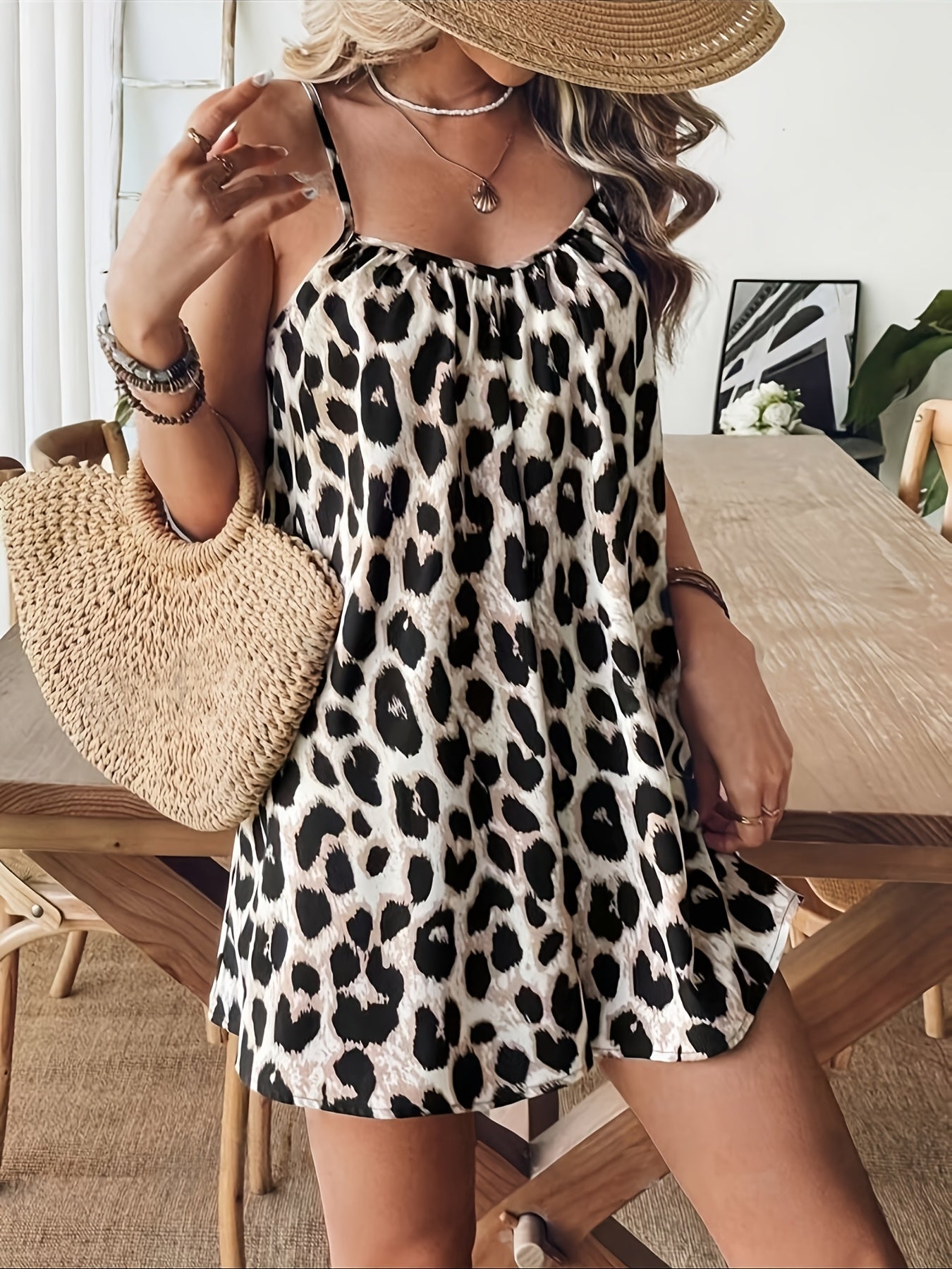 Mono de verano para mujer con estampado de leopardo, sexy y casual, corto y sin mangas, ideal para vacaciones y uso diario