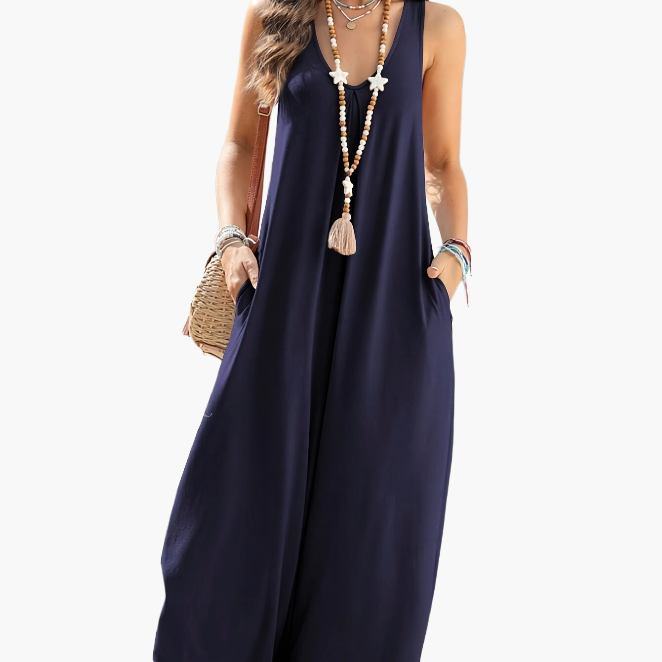 Mono ancho de mujer con escote en V y bolsillos – Mono veraniego casual para el día a día y vacaciones