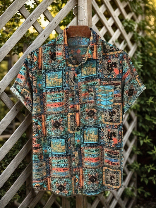 Heren resort vrijetijdshemd met korte mouwen en vintage patchwork-patroon – ideaal voor vakantie en zomer