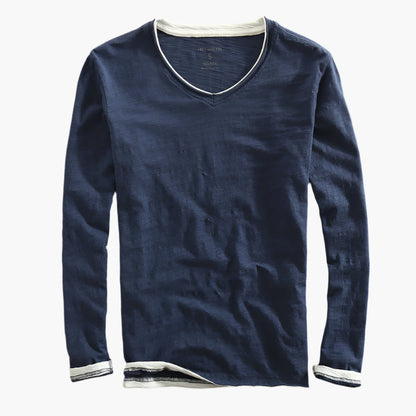 Maglia a maniche lunghe da uomo con effetto a strati e scollo a V – Maglia casual moderna per tutti i giorni