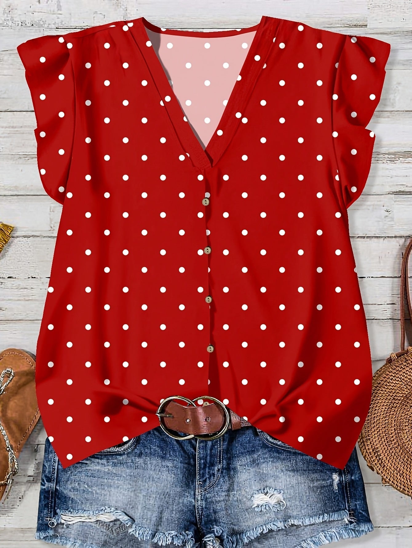 Blusa estiva da donna con motivo a cuore, scollo a V e abbottonatura, per tempo libero e uso quotidiano