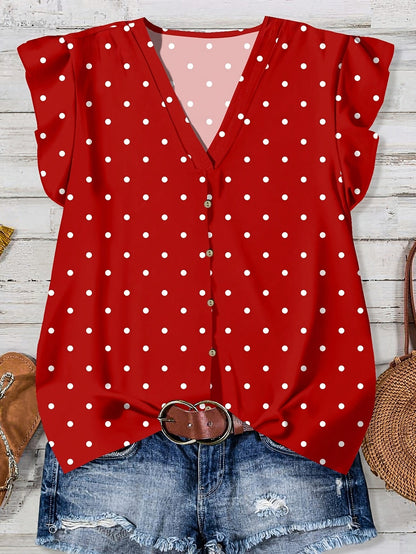 Blusa estiva da donna con motivo a cuore, scollo a V e abbottonatura, per tempo libero e uso quotidiano