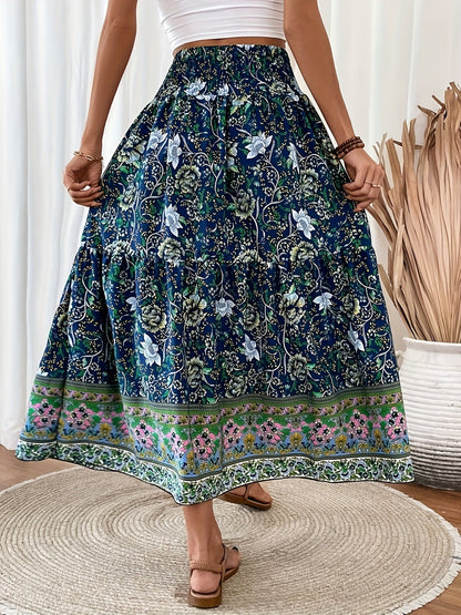 Damen Boho Maxirock mit Blumenmuster, Eleganter Sommerrock für Freizeit und Urlaub