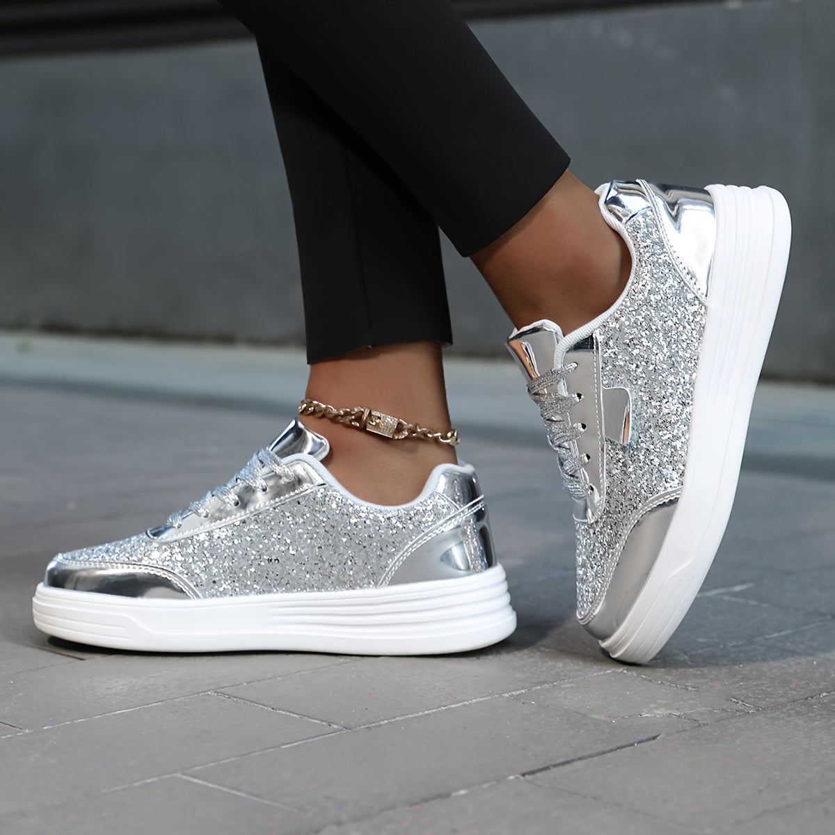 Dame Sneakers med Glimmer Plateau Fritid Trendy Sporty