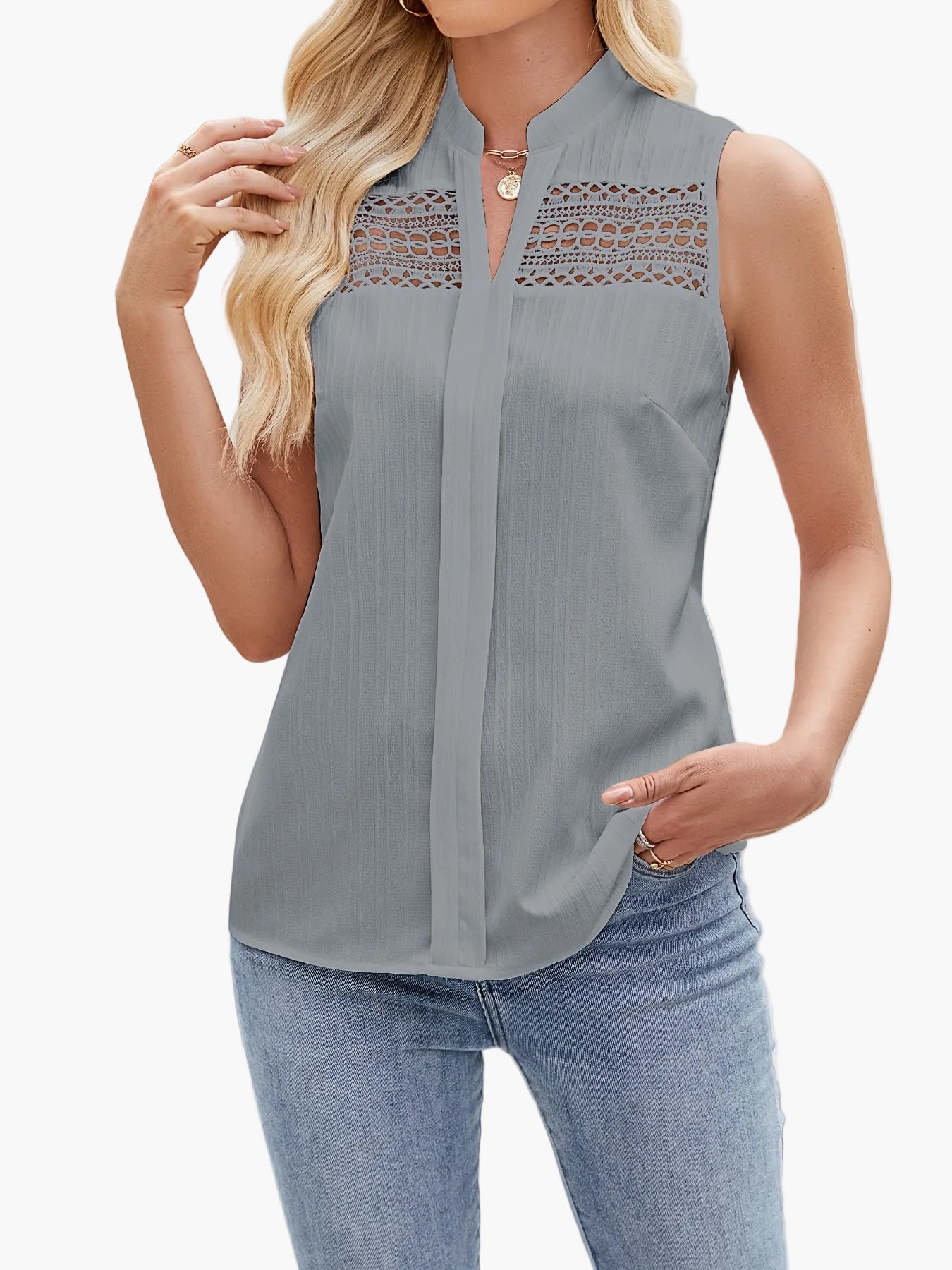 Damski elegancki top z koronką i stójką – lato, czas wolny, biuro