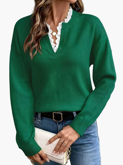 Dames elegante trui met V-hals en ruches kraag – Perfect voor dagelijks gebruik & kantoor