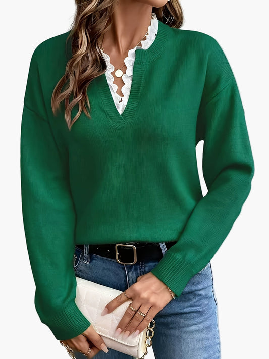 Dames elegante trui met V-hals en ruches kraag – Perfect voor dagelijks gebruik & kantoor