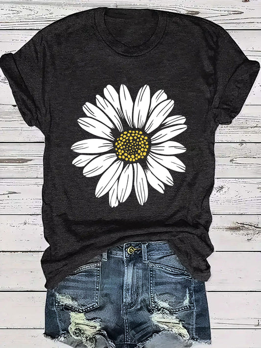 Dames T-shirt met grote madeliefjesprint, casual, modieus, voor lente en zomer
