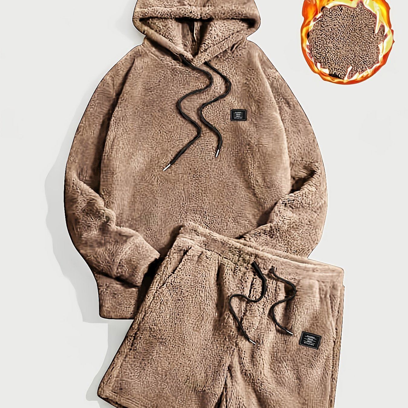 Unisex teddyfleece hoodie- en shortset met capuchon en trekkoord
