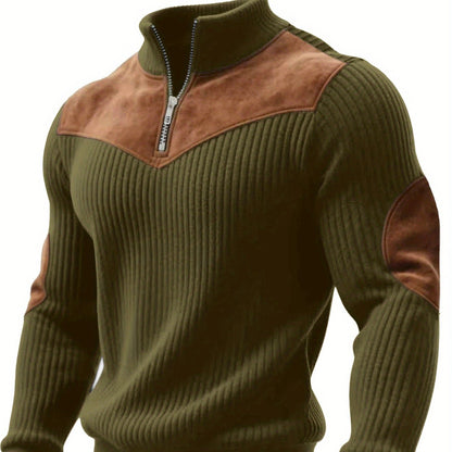 Herren Rippstrick Pullover mit Reißverschluss Stehkragen und Patches