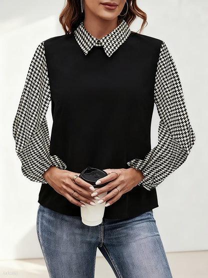 Blusa de mujer negra con estampado de pata de gallo, manga larga y cuello mao
