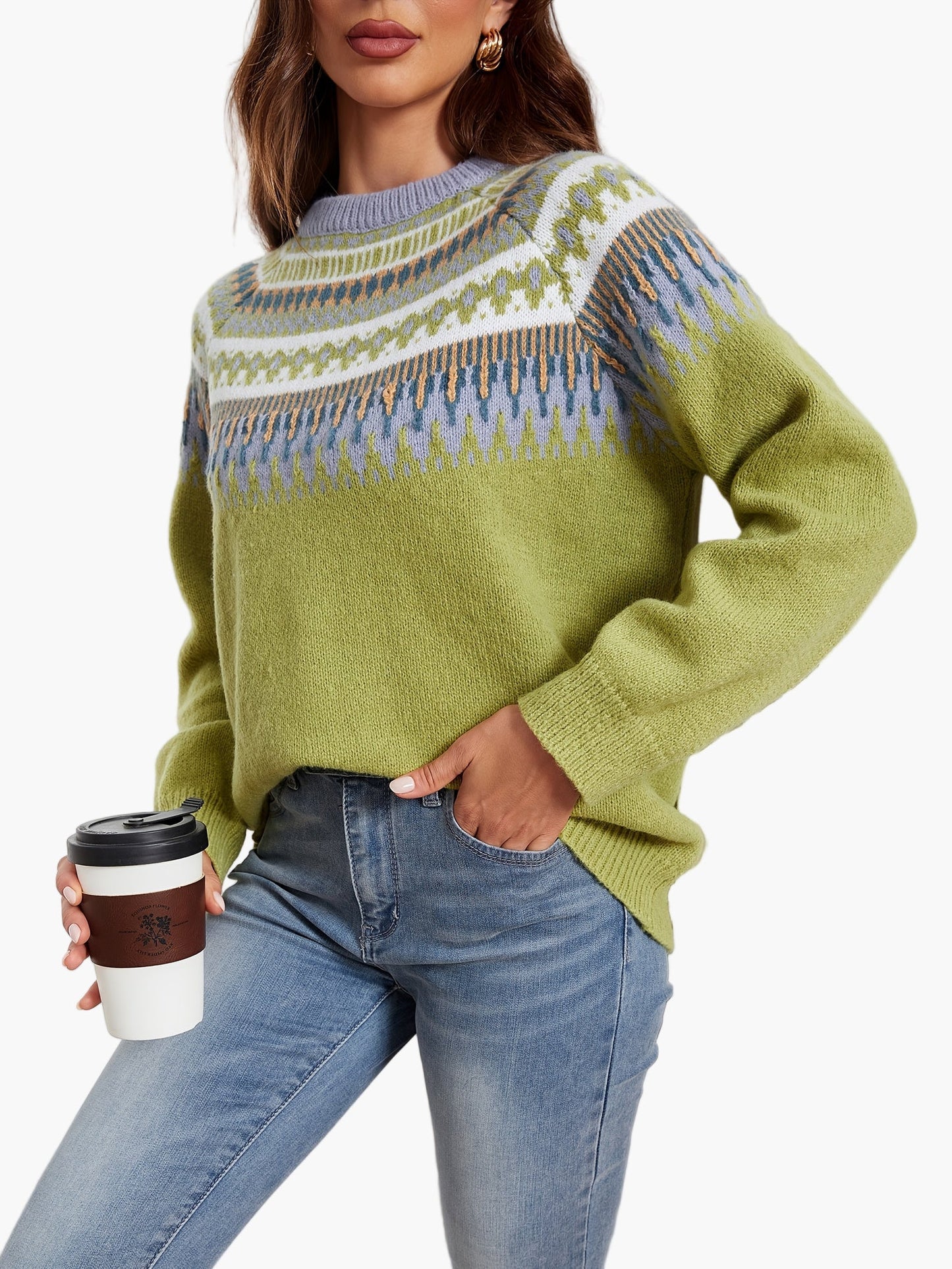 Damen Strickpullover im skandinavischen Stil mit geometrischem Muster, modisch und vielseitig für Herbst und Winter