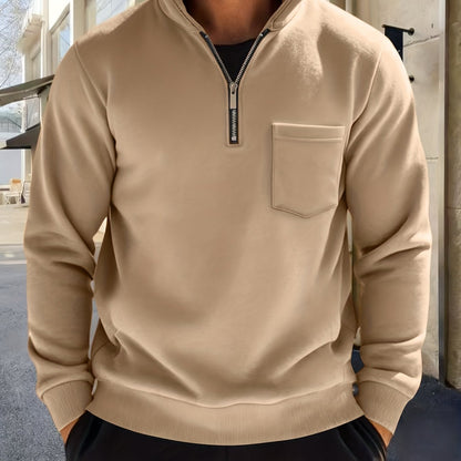 Heren-sweatshirt met halve ritssluiting, opstaande kraag en borstzak, donkergrijs