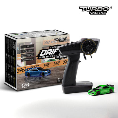 1:76 RC driftbil C64 – turbo racermodelbil til drenge fra 14 år, fjernstyret driftbil med gyro og LED-forlygter