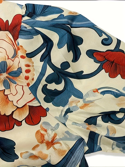 Blusa de mujer con estampado floral, cuello y puños a rayas