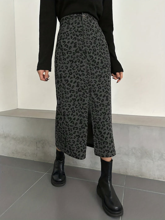 Damen Midirock mit Leopardenmuster und Schlitz