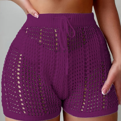 Shorts de crochet para mujer con estilo playero, cintura alta y cinturilla ajustable – Moda en malla para vacaciones, playa y piscina