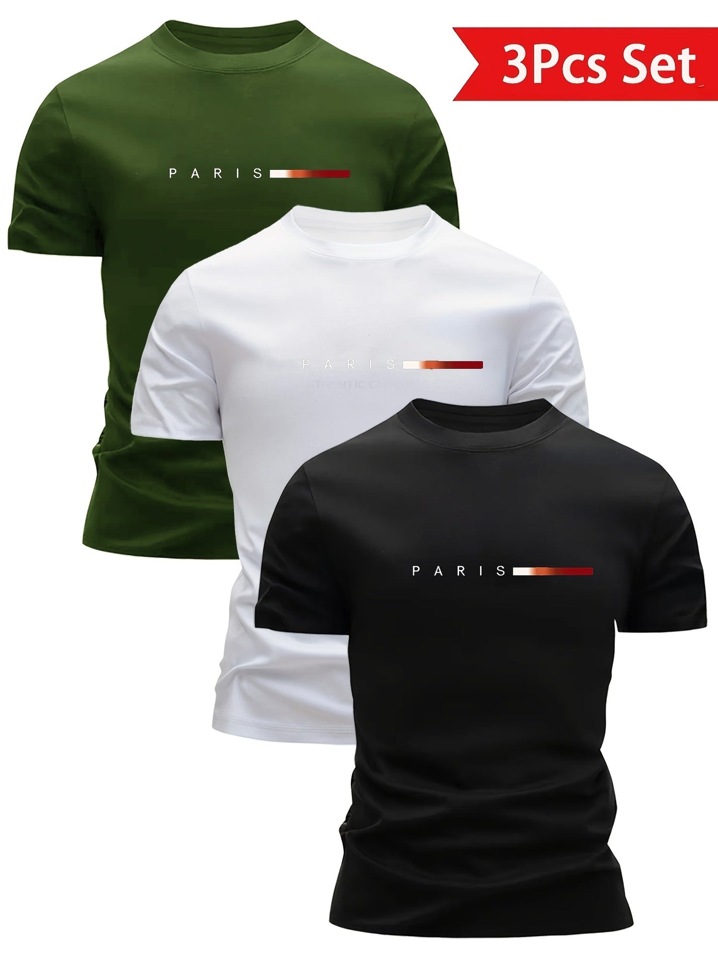 Set da 3 T-shirt da uomo – Stampa moderna di Parigi, tempo libero e sport, manica corta, girocollo