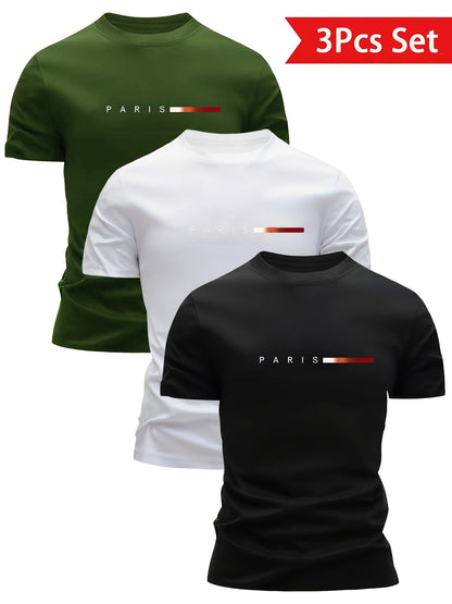 Set da 3 T-shirt da uomo – Stampa moderna di Parigi, tempo libero e sport, manica corta, girocollo