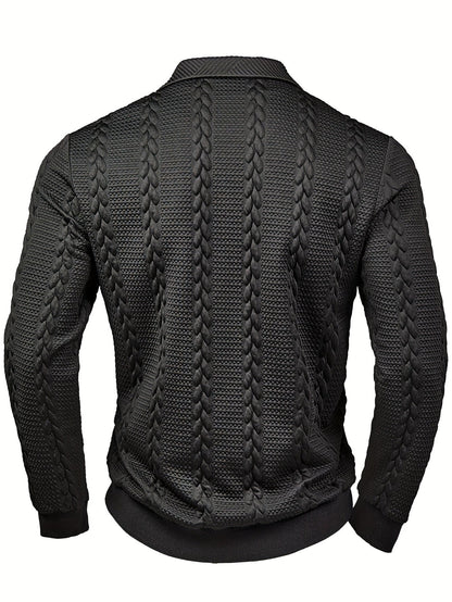 Polo da uomo in maglia a maniche lunghe con motivo intrecciato, grigio scuro