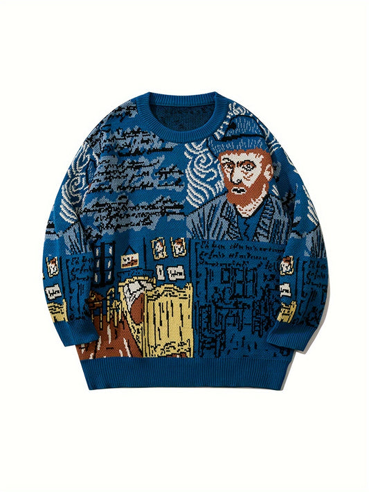 Strickpullover mit Rundhalsausschnitt und Künstler-Muster in Blau