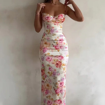Elegante abito estivo da donna con motivo floreale – Abito lungo aderente con spalline sottili per occasioni speciali