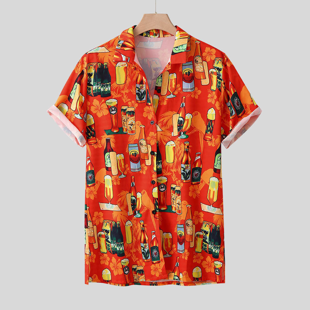 Chemise hawaïenne homme avec imprimé cocktails et bouteilles de bière – Chemise d'été Oktoberfest loisirs fête
